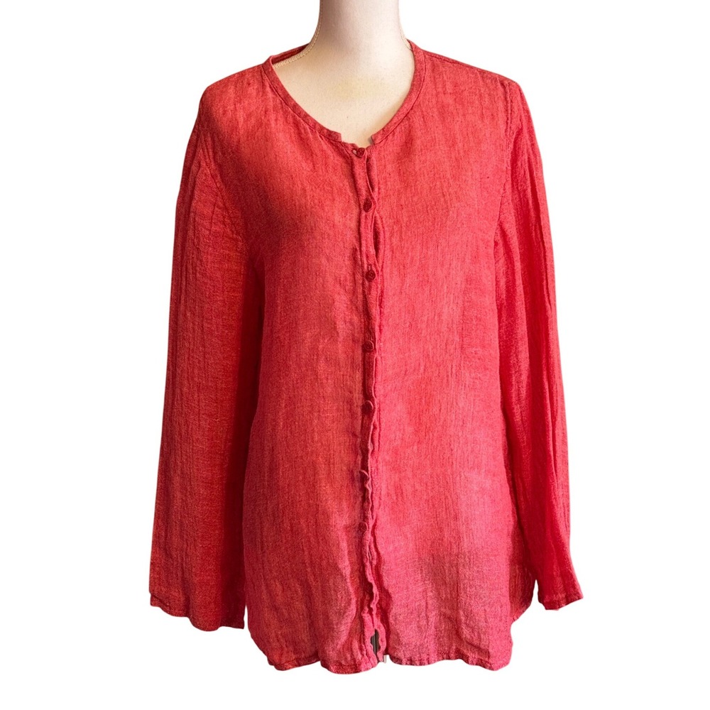 Eileen Fisher Coral Red Italian Linen gauze Tunic, semi-sheer, Boho, minimalist